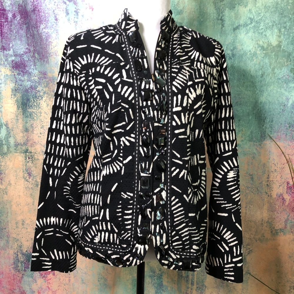 VTG Rare📌Investments Embellished w/ Black Faceted Rhinestones B&W Blazer - Picture 5 of 14